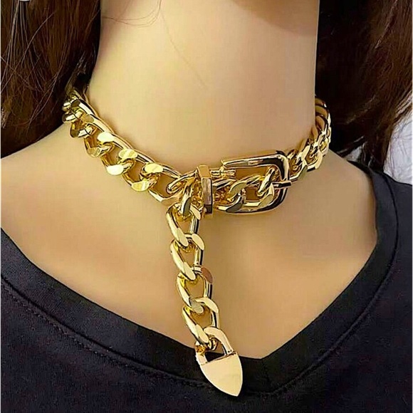Gold Belt Buckle Design Exaggerated Oversized Chunky Choker - Picture 2 of 6